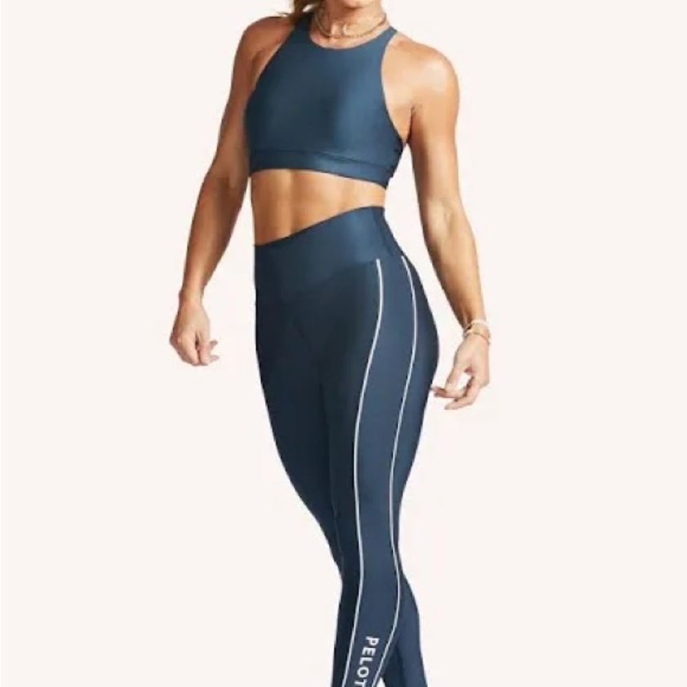 Peloton Womens Navy Blue High Waisted Athletic Leggings White Piping‎ Size M